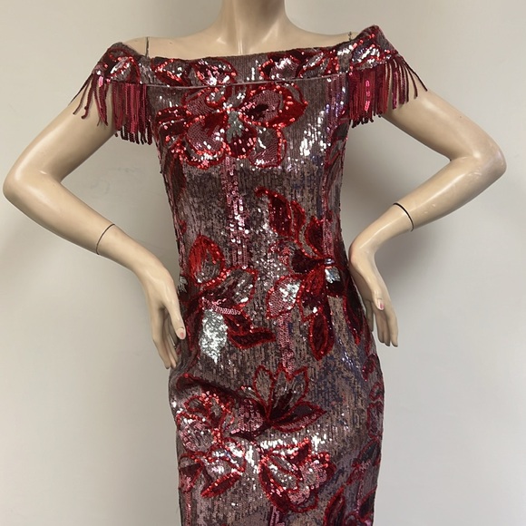 Aidan by Aidan Mattox sequins off the shoulderknee length dress - Picture 4 of 11